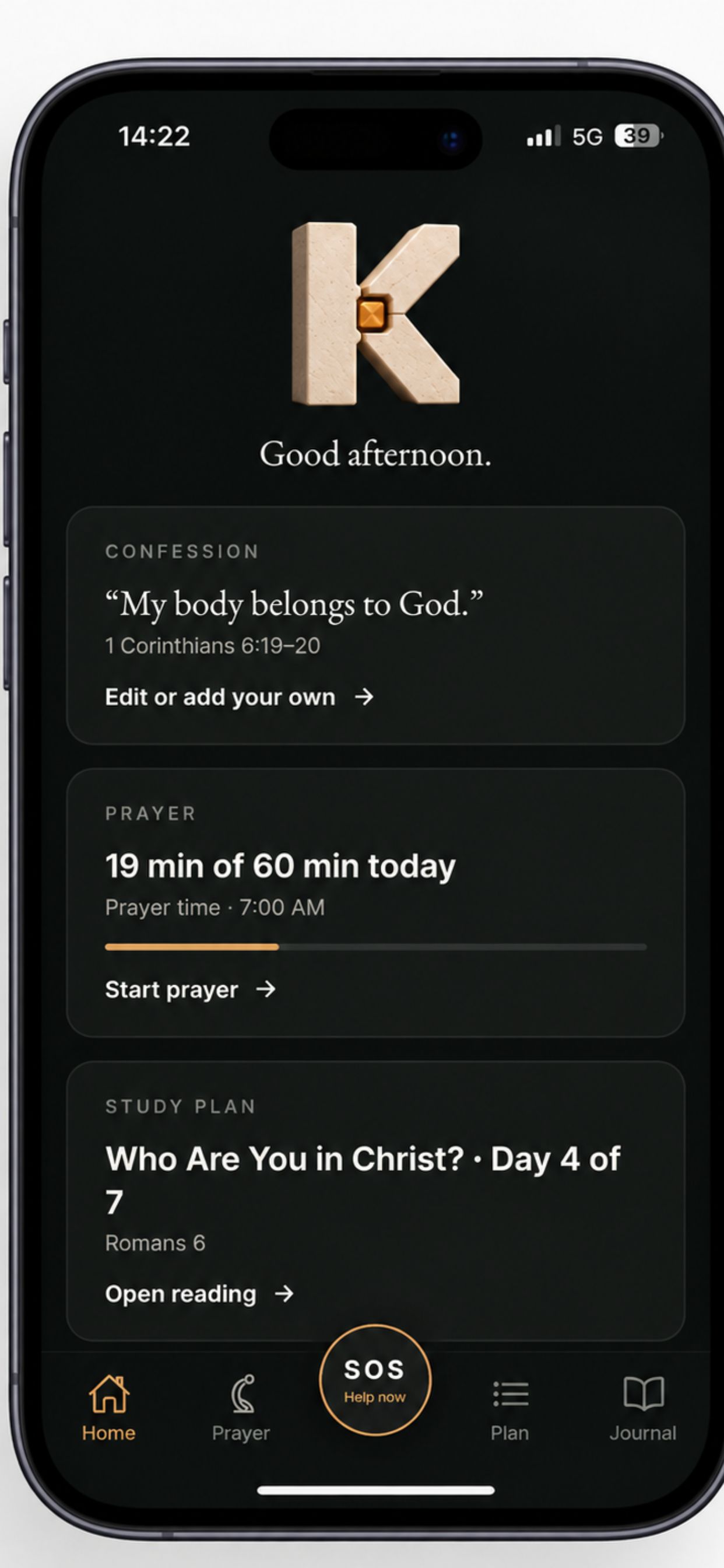 Kept app with the cream K logo, gold accents, prayer progress and a study plan